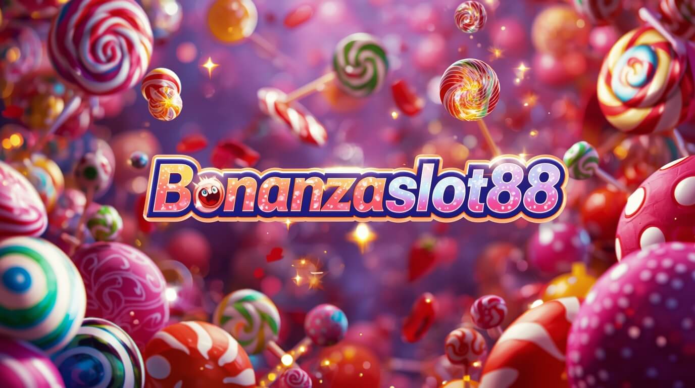Banner Bonanzaslot88 bertema nuansa permen dengan koin emas dan elemen kasino